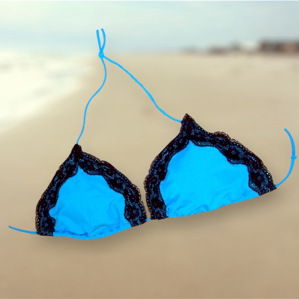 SWIMWEAR VS PINK - Blue with Black Lace Bikini TOP ONLY.